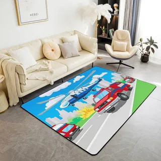 Homewish Kinder Teppich Polizei Feuerwehr Motiv,Hubschrauber Fahrzeug Feuerwehr Teppiche Wohnzimmer für Jungen Jugendliche,Flamme Blauer Himmel Weiße Wolke Hochhäuser Carpet 150x200 Pflegeleicht