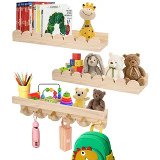 BlingBin Kinderregal 3er Set Bücherregal Kinder Wand, Wandregal Kinderzimmer 40cm, 1er Set 3-tlg., Schweberegale mit 6 Holzhaken für Jungen & Mädchen, Montessori Regal