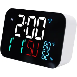 Jectse WiFi Smart Clock Thermometer Luftfeuchtigkeitsmonitor, Digitaluhr-Wetterstation mit Großem LED-Display, 120 Weitem Betrachtungswinkel und 4 Helligkeitsstufen, für (weiße Schale, weißes Licht)