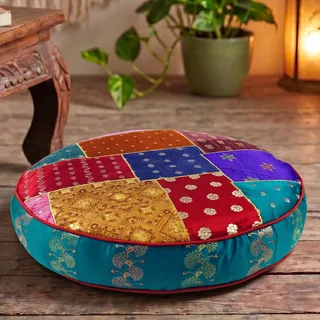 GURU SHOP Orientalisches Patchwork Kissen 40 cm, Sitzkissen, türkis/bunt | Einzigartige Patchworkmuster, Reißverschluss, ideal für Entspannungsecken, vielseitig einsetzbar, Baumwollfüllung, Viskose.