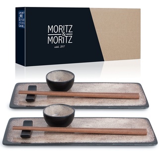 Moritz & Moritz VIDA 10-tlg. Sushi Geschirr Set für 2 Personen - Sushi Servierset mit 2x Sushi-Teller, Dip-Schälchen und Stäbchen