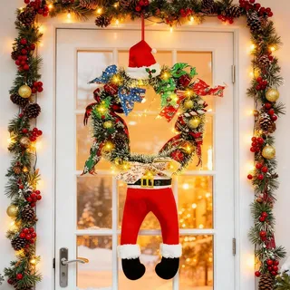 Türkranz Weihnachten Beleuchtet, Weihnachtsdeko Haustür Weihnachtsmann Türkranz mit LED Licht,Weihnachtskranz Haustür mit Beleuchtung,Weihnachtsdeko Outdoor Türdeko weihnachten für Haustür Fenster (B)