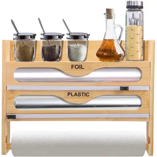 Folienschneider Frischhaltefolienspender, 4-in-1 Alufolienspender aus Holz mit Schneider Küchenrollenhalter Wandrollenhalter Folien-Organizer für 3 Rollen, mit Papierhandtuchhalter und Gewürzregal