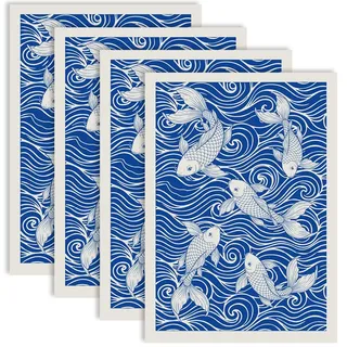 PRESSINART 4 Stück Keramik Transferfolie Für Töpferwaren 21 x 15cm ((2) Zoll) Tiermotiv Wolken Und Fischmotiv Blaues Muster Wasserschiebefolie Glasurabziehbilder Für DIY Projekte Mit Ton Porzellan