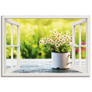 ARTLAND Wanddeko Leinwand Bilder Wandbild Fensterblick Fenster Botanik Blumen Gänseblümchen Garten Frühling T4UG