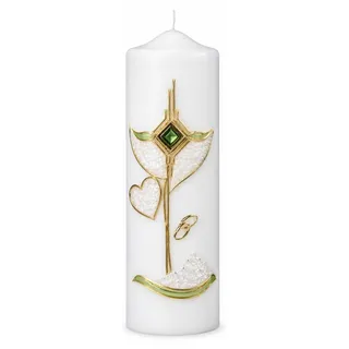 Hochzeitskerze Stumpenkerze mit Herz & Eheringen mit Namen & Datum - Weiß