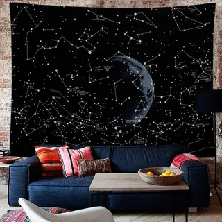 Jorisa Psychedelisch Konstellation Tapisserie Wandteppich,Raum Universum Mond Sterne Nachthimmel Schwarz Hintergrund Stoff Wandtuch Wandbehang für Wohnzimmer,Schlafzimmer,Wohnheim,150x200cm