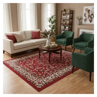 Vimoda Orientteppich Klassischer Teppich Kurzflor in Grün, Beige, Rot & Grau, Rechteckig, Höhe: 6 mm, Kunstvollem Klassik Muster Blumen GRÜN, Braun & Schwarz rot|schwarz 80 cm x 150 cm x 6 mm