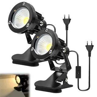 LED Spot Klemmstrahler mit Stecker und Schalter, 2 Stück 10W COB LED Strahler Warmweiß, Schreibtischlampe, Gartenstrahler Pflanzen Spotlight, LED Klemmspot mit 1,8m Kabel für Innen und Außen (A)