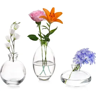 Vasen 3er-Set Kleine Blumenvasen Modern aus Kristall Transparent, Mini-Vasen Glasfläschchen, Vase dekorative, Glasvase Deco für Tischmitte, bücher, Hochzeit, Taufe, Geburtstag, Geschenk zum Muttertag