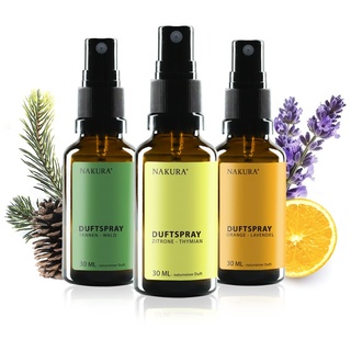 NAKURA® Duftpray, Raumspray, Lufterfrischer Set ZITRONE, ORANGE, WALD Bio 3 x 30 ml - Natürliches Raumduft Spray aus reinen ätherische Öle - Lufterfrischer Wohnung ohne Chemie