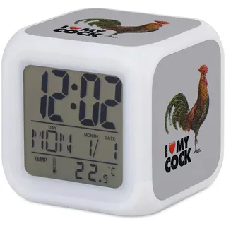 Fabulous Wecker, Würfel, beleuchtet, Grau – I Love My Rooster Collage Vintage Illustration Kunst Tier Hahn Parodie Humor Wortspiel – 7,8 x 7,8 x 7,8 cm – Retro Beleuchtung Mehrfarbig LED