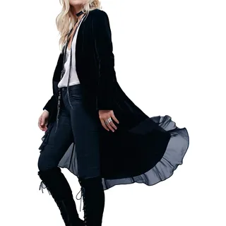 R.Vivimos Herbst Winter Damen Samt Rüschen Freizeitjacke Vintage Lang Mantel Langarm Kragenlos Schwalbenschwanz Blazer(XLarge,Schwarz) - XL