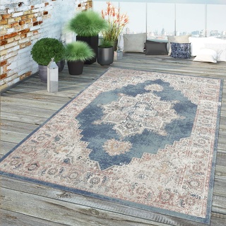 TT Home In- & Outdoor-Teppich, Kurzflor Für Balkon Terrasse, Orient-Look In Blau, Größe:60x100 cm