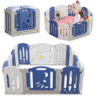 SUBTLETY Laufstall Baby Faltbar Laufgitter aus Kunststoff Kindersicherheits Laufstall mit Tür und Spielzeugboard Indoor Baby Aktivitätszentrum Playpen für Kleinkinder (12+2 Paneele, Blu+Weiß)