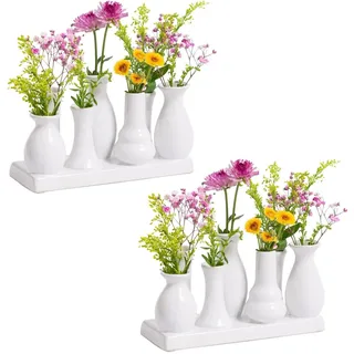 Jinfa 2er Set Keramikvasen – Weiß Mini-Vasen je 7 Stück (19×7×11 cm) – Handgefertigte Tischdeko & Wohnzimmerdeko – Skandinavische Geschenkideen für Blumen & Trockenblumen