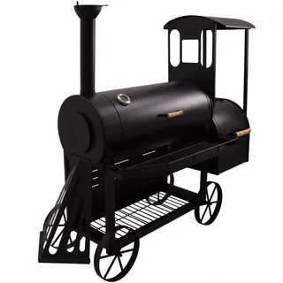 Syntrox Smoker Flustra, Lokomotive mit Räucherofen, BBQ-Grill, Multifunktionaler Räucherofen, Feuerschutzlakiert, Holzgriffe, Holzkohlegrill, Grillwagen, Räucherkammer und Grillkammer