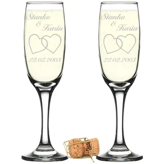 2er Set Sektgläser mit Gravur Hochzeitsgeschenke personalisiert für Brautpaare mit Herzen, Namen und Datum - Geschenkidee zur Hochzeit -Gläser für Champagner, Sekt oder Prosecco für Paare