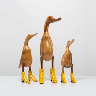 DomDeco Handgefertigte Deko-Figur aus Holz Ente mit Absatz Set Gelb geblümt