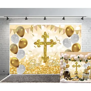 OERJU 2,7 x 1,8 m Gott segnen Hintergrund Taufe Party Erste Heilige Kommunion Taufe Hintergrund Gold Glitzer Kreuz Luftballons Babyparty Neugeborene Geburtstag Party Dekoration Banner Photo Booth