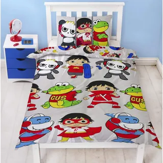 Ryans World Gang Bettbezug für Einzelbett, wendbar, offizielles Merchandise-Produkt, mit rotem Titan, Combo Panda und Gus