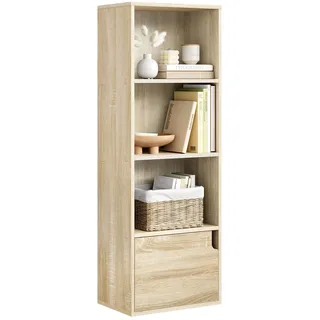 eSituro Bücherregal Wand, schmales Regal mit Tür, 4 Fächern, Helle Eiche | Standregal Würfelregal für Wohnzimmer Schlafzimmer Büro, Ordnungssystem