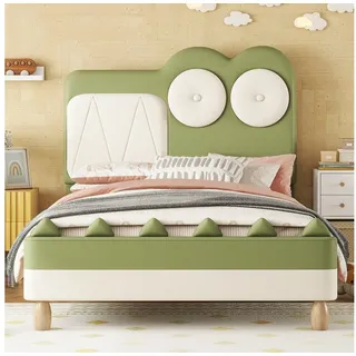 Flieks Polsterbett, Kinderbett mit Cartoon Krokodil Form Kopfteil 90x200cm Kunstleder grün