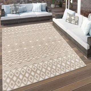 Paco Home Outdoor Teppich Wetterfest Wohnzimmer Küchenteppich Boho Style Skandinavisch Moderne 3D Optik Geometrisch Beige Creme, Grösse:60x100 cm