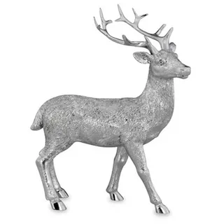 H.Bauer jun. Kleine stehende Kunststein Deko Hirsch Figur - silbern glänzende Jagdfigur mit Geweih - Silberglanz Weihnachts-Deko zum Hinstellen Höhe 20 cm