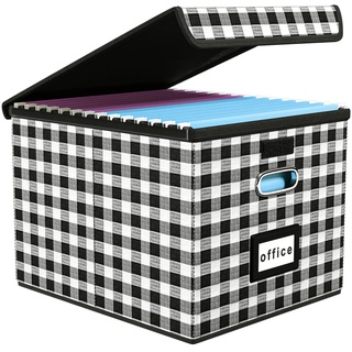 FINEW Stoff Faltbare Aufbewahrungsbox mit Deckel, Hängemappenbox für DIN A4 Hängeregister, Aufbewahrungsboxen für Büro, faltbox für Familien (Schwarz-weißes Karo)
