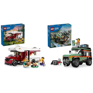 LEGO City Off-Road 4x4 Berg-Lkw Spielzeug + Ferienabenteuer Wohnmobil Kreative Bauspielzeuge inkl. einer Minifigur & Zubehör 60447 + 60454