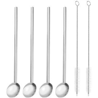 QUARKZMAN 4Stk Edelstahl Strohhalme Löffel 7.7" Wiederverwendbar Metall Trinkender Strohhalm Löffel mit Reinigung Bürsten für Milchshake Getränke Cocktail Silber