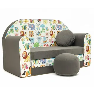 All4All Kindersofa Schlafsofa 3in1 Velo Spielsofa für Kinder Sofa zum Aufklappen Funzy Kindercouch mit Schlaffunktion Verschiedene Muster Grau Rosa Grün Tiermuster Bequem (A5 Grau + Tiere)