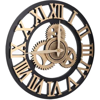 lvifloae Große 3D-Retro-Wanduhr, 34 cm, Vintage-Holzzahnrad-Wanduhr, Ziffern, Industrie-Stil, Uhren, bewegliche Zahnräder, Wanduhr für Zuhause, Wohnzimmer, Dekoration, Gold (Gold)