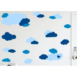 timalo® 35 Stück Wandtattoo Kinderzimmer XL Große Wolken Himmel Pastell Wandsticker – Aufkleber Wolkenset | 73091-SET15-35 | puderblau enzian hellblau