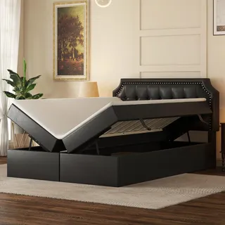 Merax Polsterbett 140x200cm, Hydraulisches Doppelbett Funktionsbett mit Großer Stauraum, Bettgestell mit Lattenrost & Bettkasten & Kopfteil, PU, Jugendbett, Gästebett, ohne Matratze, Schwarz