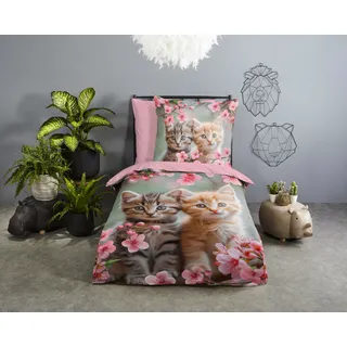 Kinderbettwäsche GOOD MORNING "Mischa", rosa, B/L: 135cm x 200cm, 1 Stk., 1 Stk., Renforcé, B/L: 80cm x 80cm, 2, Renforcé, Obermaterial: 100% Baumwolle, Bettwäsche, Baumwolle, Renforcé, Wendeoptik, Kind, Mädchen, Katze, Blume