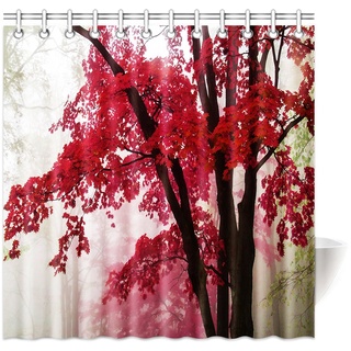 Violetpos Top Qualität Anti-Schimmel Duschvorhang Digitaldruck für Badezimmer Badvorhänge Rotes Ahornblatt Baum Nebel 180 x 200 cm