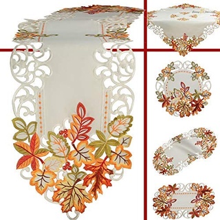 Herbst Tischläufer Tischdecke Weiß gestickt mit bunten Blätter Tischband (ca. 30 x 160 cm)