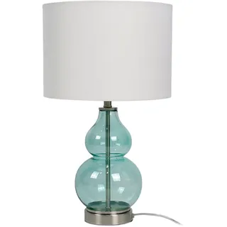 Relaxdays Tischlampe, Glasfuß & Stoffschirm, E14, HxD: 44 x 26 cm, Nachttischlampe mit Kabel, Schlafzimmer, weiß/blau