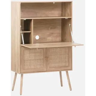 sweeek - Schreibschrank / Sekretär, 2 Türen und Regale, Holzdekor und Rattan-Geflecht - Natur