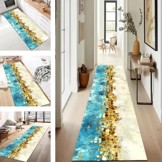 SUCERU Teppich Läufer Flur rutschfest Waschbar 50X120CM Polyester Wohnzimmer Teppich Blau Gold Anpassbar Für Schlafzimmer Kinderzimmer Wäschereien Esszimmer Flurläufer Fußmatten