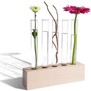 Tuuters Reagenzglas Vase aus Holz – Moderne Tischdeko, inkl. hochwertigen Reagenzgläsern (Buche 5-Loch)