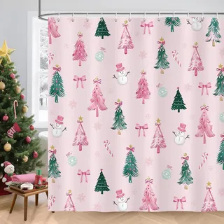 Duschvorhang 180 x 180 cm Weihnachten, Rosa Grüner Weihnachtsbaum Schneeflocke S