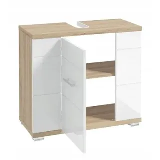 .Deftrans Waschbeckenunterschrank 70 cm breit, Weiß Hochglanz & Eiche Sonoma – Badunterschrank mit Syphonausschnitt, Badezimmer Unterschrank, Badmöbel modern 70x 62,5X 31,5 cm