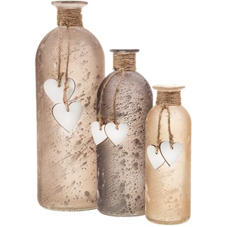 SIDCO Blumenvase 3 x Flaschenvase mit Herzen Vase satinieres Glas Dekovase rosa Töne