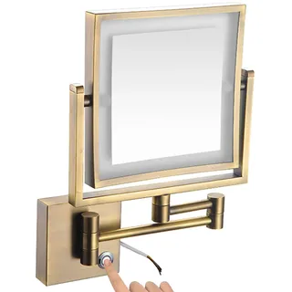 8-Zoll-Quadrat-LED-Make-up-Kosmetikspiegel zur Wandmontage mit berührungsdimmbarem, doppelseitigem HD-Rasierspiegel mit 1-facher/3-facher Vergrößerung, Kosmetikspiegel aus Messing,Messing,Hardwired