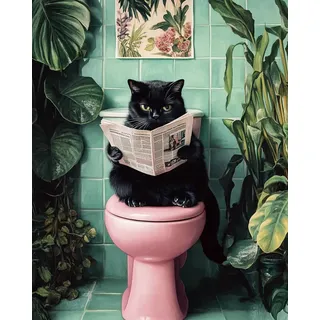 WANMIU Malen nach Zahlen Schwarze Katze sitzt auf Toilette und liest Zeitung Kits für Anfänger Erwachsene DIY Art Decor Handgemalte Malerei nach Zahlen Kreatives Geschenk Home Decoration 16x20 Zoll