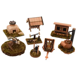 Geschenkestadl 8 Stück Krippenzubehör Brunnen Futterstelle Wagen Heuwagen Krippe Zubehör Holz