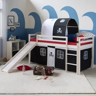 Homestyle4u Hochbett 90 x 200 cm Kiefer massiv lackiert weiß Pirat